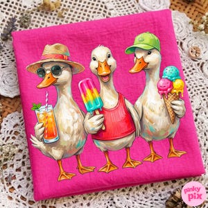 May include: A hot pink square fabric features a whimsical illustration of three ducks enjoying summer treats. One duck wears sunglasses and a straw hat, holding a drink. Another has a popsicle, and the third holds an ice cream cone.