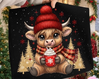 Christmas Highland Cow PNG: Cozy Winter Calf with Cocoa Sublimation Design