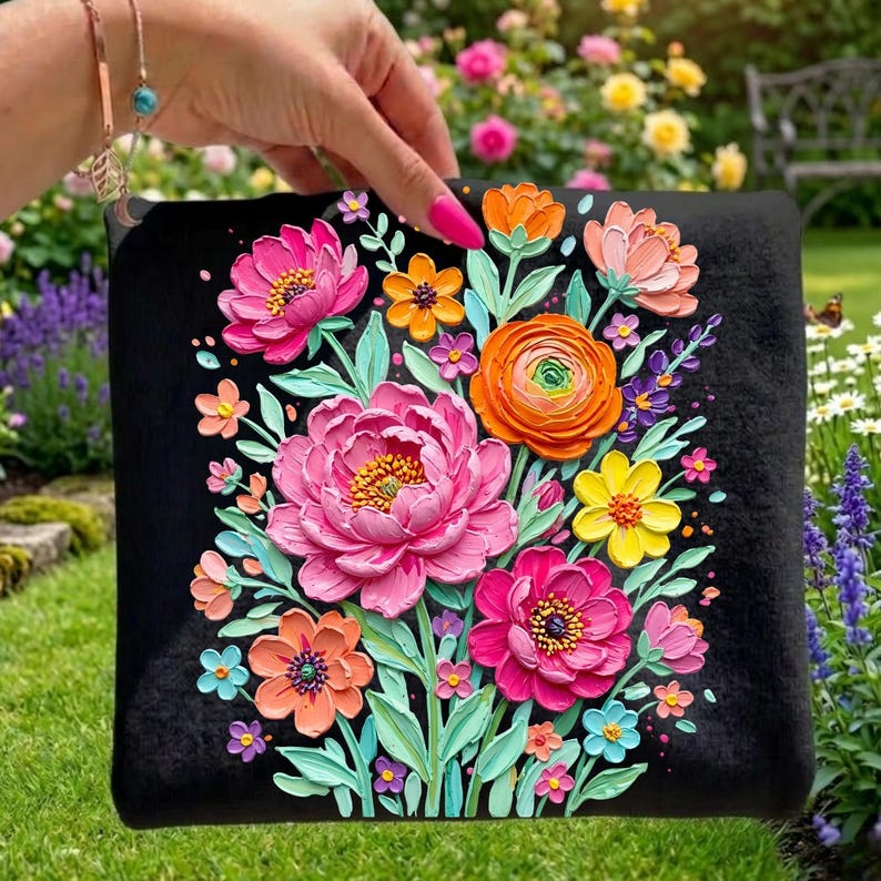 May include: A black square pillow featuring a vibrant floral design. The design includes large pink peonies, orange ranunculus, and various other colorful flowers with green leaves. The flowers are arranged in a bouquet style, creating a textured, three-dimensional effect.