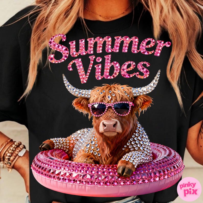 May include: Black t-shirt with a graphic of a Highland cow wearing sunglasses and a bejeweled floatie. The text "Summer Vibes" is above the cow in pink glitter letters. The cow is brown with large horns.