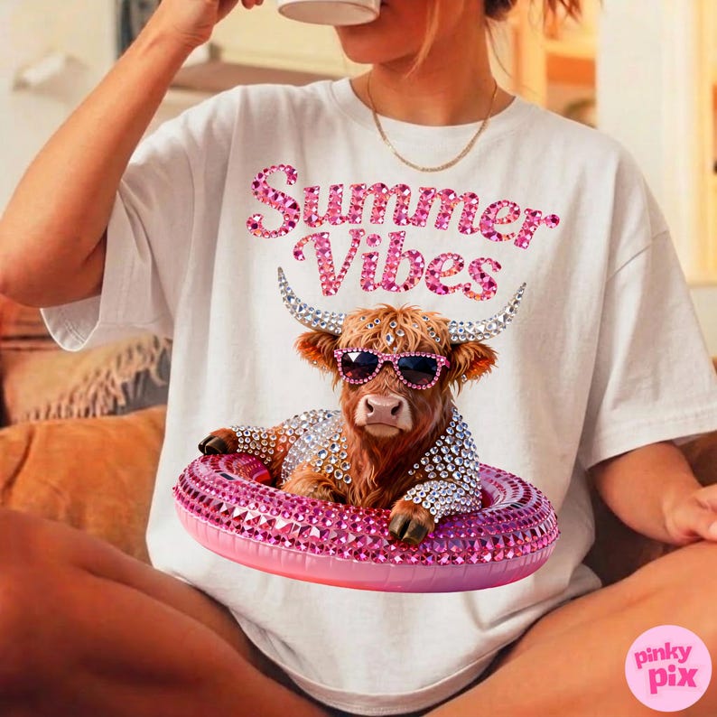 May include: White t-shirt with the text "Summer Vibes" in pink, featuring a Highland cow wearing sunglasses and a bejeweled float. The cow is brown with long horns and is wearing a pink float.