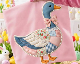 Patchwork Grandmacore Goose Pearl Cottagecore PNG: Easter Floral Checkered Gingham Bow Sublimation Design