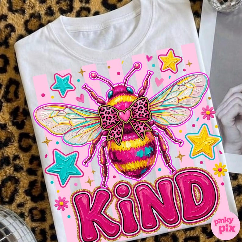 May include: White t-shirt featuring a colorful bee design with a bow and the word "KIND" in pink. The bee has yellow and pink stripes, with a leopard print bow and heart. The design includes stars and flowers.