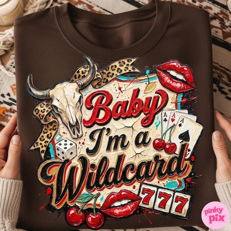 Może przedstawiać: Brązowa bluza z nadrukiem graficznym. Projekt zawiera czaszkę byka, karty do gry, wiśnie, kostki do gry i czerwone usta. Tekst brzmi "Baby I'm a Wildcard" z "777" poniżej.
