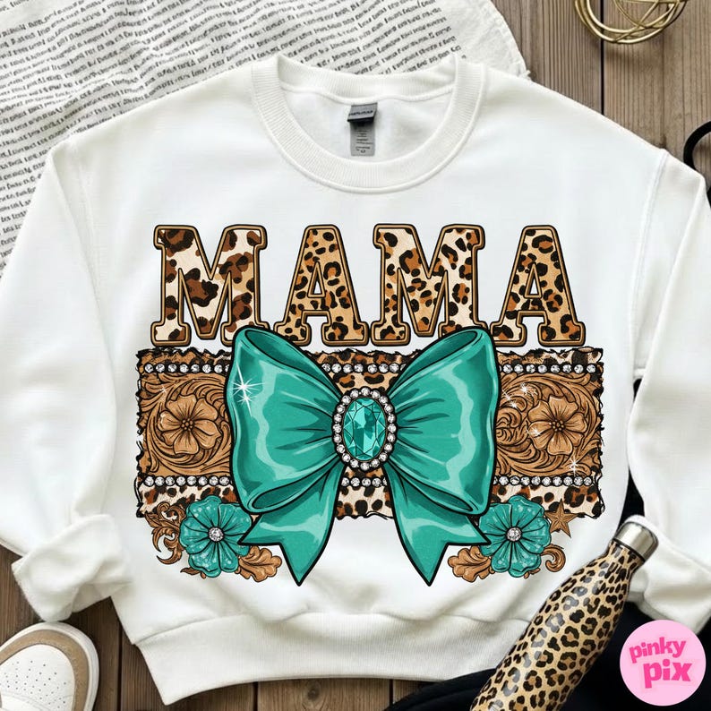 Western Mama PNG – Turquoise Bow Leopard Print Sublimation, Cowgirl Glam Mom Clipart for Mother’s Day Shirt image 3