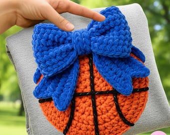 Faux Yarn Basketball Bow PNG: Blue Crochet Sports Sublimation Design, Knitting Digital Download