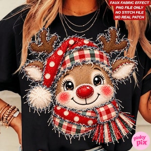 May include: A black t-shirt featuring a graphic of a reindeer with a faux fabric effect. The reindeer wears a red and white polka dot hat and a red and green plaid scarf. Text on the image reads: FAUX FABRIC EFFECT, PNG FILE ONLY, NO STITCH FILE, NO REAL PATCH.