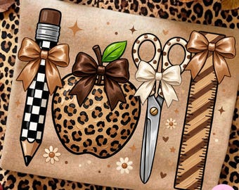 Leopard Teacher Apple School Supplies PNG: Checkered Polka Dot Pencil Scissors Ruler Bow Png
