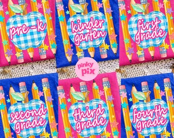 Back To School PNG Bundle: Preppy Striped Pencil Blue Gingham Grade Level Designs