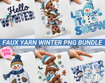 Könnte beinhalten: Eine Sammlung von Wintermotiven mit Schneemännern, Rentieren und Hochlandrindern. Die Designs enthalten die Sätze "Hello Winter" und "Let it Snow" sowie den Text "Faux Yarn Winter PNG Bundle". Die Bilder sind in Blau, Weiß und Braun gehalten.