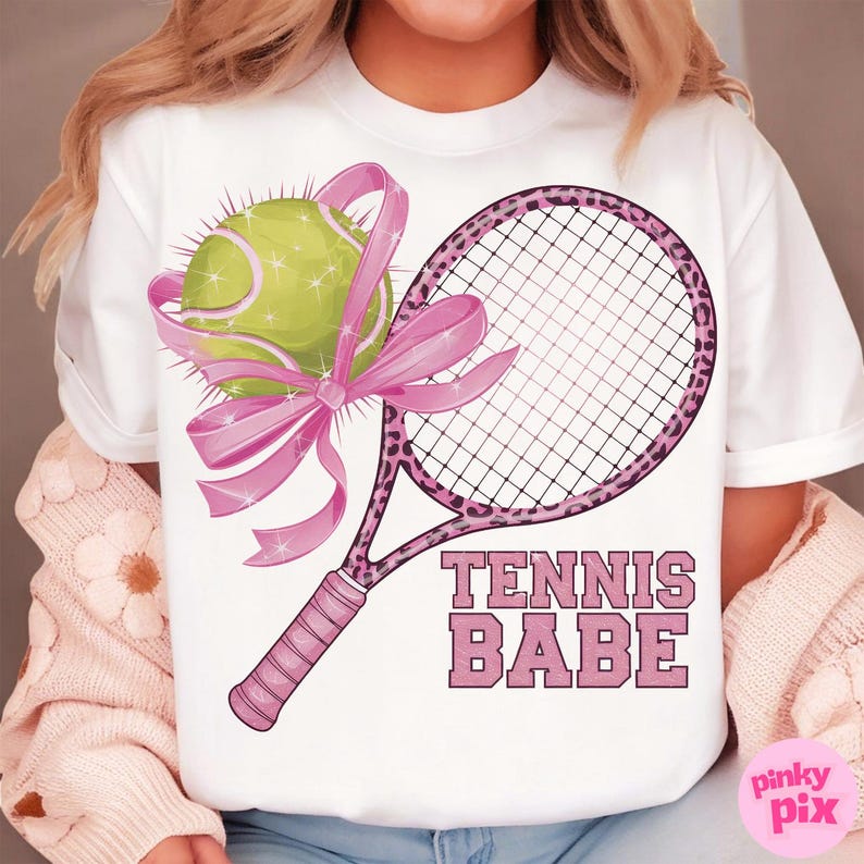 Coquette Tennis PNG, Pink Bow Tennis Sublimation Design, Sporty Girl Shirt Design, Tennis Mom Shirt PNG, Pink Leopard Tennis Racket Clipart image 6