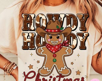 Retro Howdy Christmas Gingerbread Png, Western Cowboy Xmas Shirt Design, Retro Funny Holiday Sublimation, Vintage Cute Country Cowprint Png
