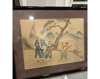 Vintage Chinese Silk Paper Painting 14.5"x18 W/Mat Qiu Ying Style Asian Artifact