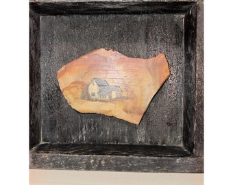 Handpainted Signed Framed Miniature Rustic Farmhouse on Natural Stone Shard