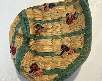 Mid-century child woven Straw Bonnet garden party hat With berries satin lining