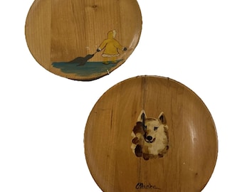 2 Vintage Alaska wood Plates Hand Painted Eskimo Fishing Seal Dogsled Folk Art