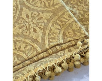 Vintage Woven Brocade Pom Fringed Yellow Gold Blanket Craft Fabric 112x98"