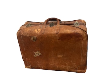 Vintage 1930s Leather Suitcase Valaise Decor Storage Dominican customs labels