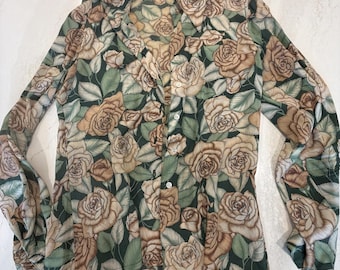 Cacharel Paris Roses Silk Blouse Button Front Vintage 70s Top Small