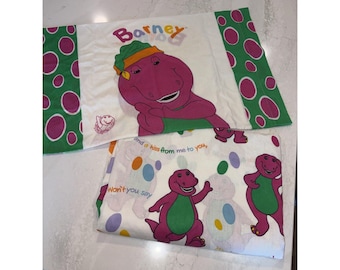 Vtg 1992 Barney Dinosaur Bedding Pillowcase + Flat Twin Sheet Lyrics All Over