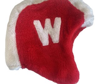 Vintage UW Wisconsin Badgers Faux Fur Plush Helmet Hat w/ White Contrast W