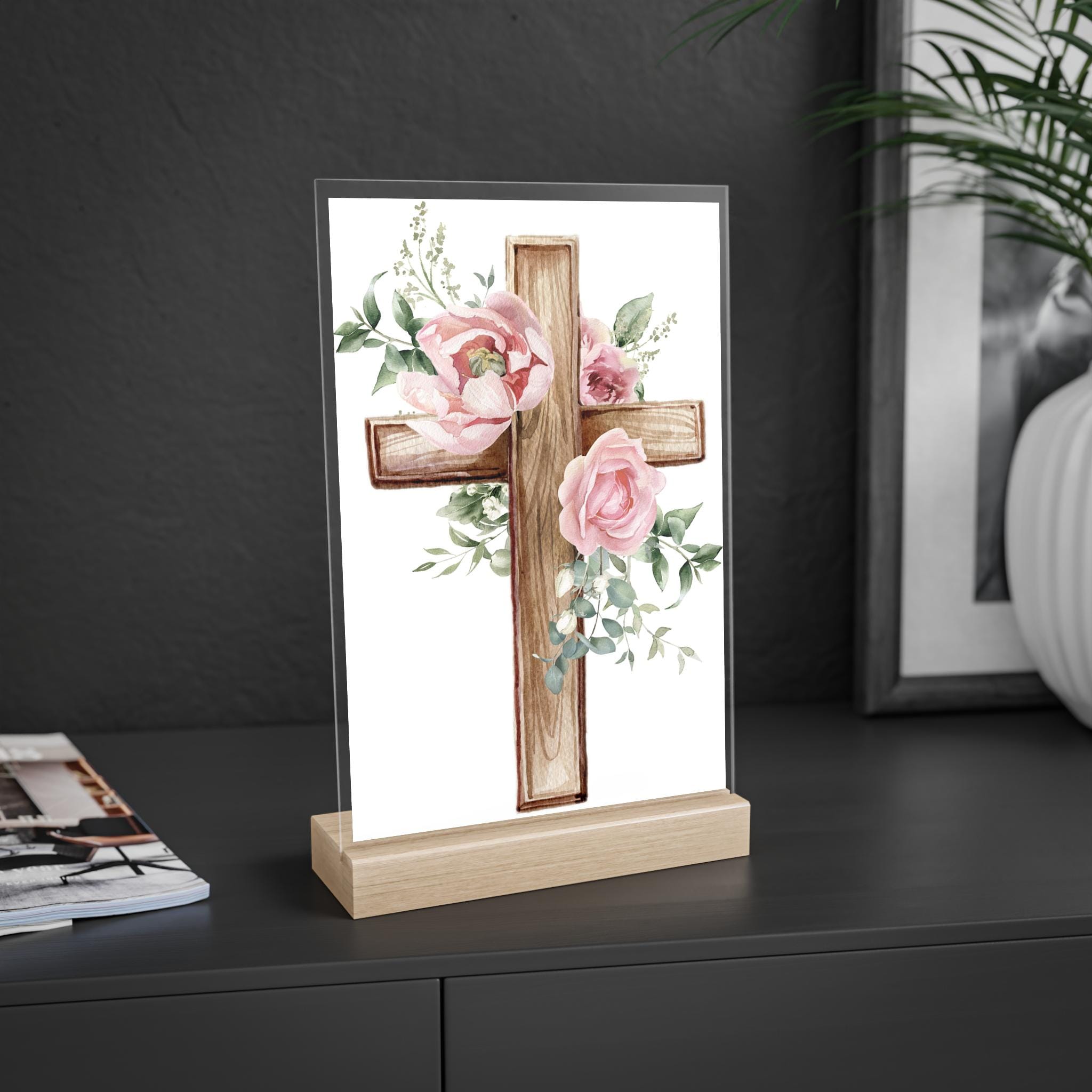 Floral Cross Acrylic Sign: Christian Home Decor With Wooden Stand - Etsy