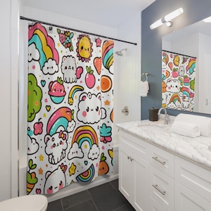 Kawaii Shower Curtain with Colorful Cartoon Design, Cute Bathroom Decor, Fun Gift for Kids, Bathroom