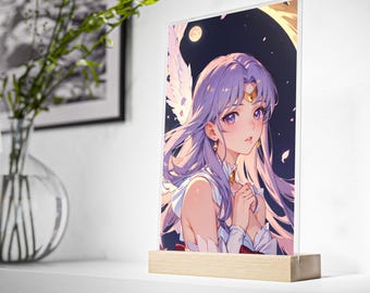 Magical Anime Acrylic Sign: Enchanting Art Display with Wooden Stand