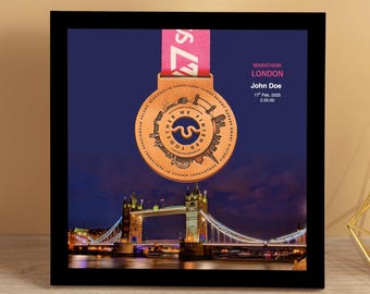 Personalized London Marathon Medal Display Frame, Finisher Gift, Landmark (NA: Marathon, Half Marathon, 10K, 5K)