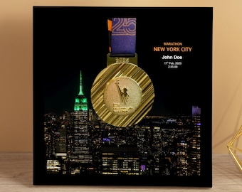 Personalized New York City Marathon Medal Display Frame, NYC Marathon, Finisher Gift, Landmark (NA: Marathon, Half Marathon, 10K, 5K)