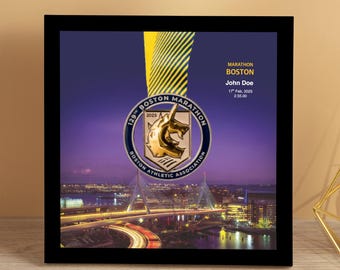 Personalized Boston Marathon Medal Display Frame, Finisher Gift, Landmark (I)