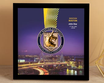 Personalized Boston Marathon Medal Display Frame, Finisher Gift, Landmark (NA: Marathon, Half Marathon, 10K, 5K)