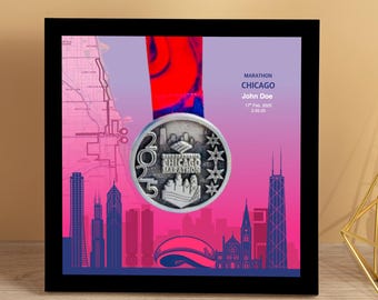 Personalized Chicago Marathon Medal Display Frame, Finisher Gift, Skyline (NA: Marathon, Half Marathon, 10K, 5K)