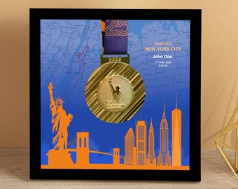 Personalized New York City Marathon Medal Display Frame, NYC Marathon, Finisher Gift, Skyline (I)