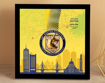 Personalized Boston Marathon Medal Display Frame, Finisher Gift, Skyline (I)