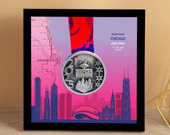 Personalized Chicago Marathon Medal Display Frame, Finisher Gift, Skyline (I)