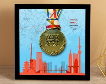 Personalized Tokyo Marathon Medal Display Frame, Finisher Gift, Skyline (I)