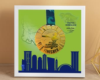 Personalized Honolulu Marathon Medal Display Frame, Finisher Gift (G: Marathon, Half Marathon, 10k, Kalakaua Merrie Mile)