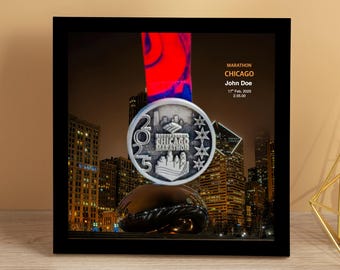 Personalized Chicago Marathon Medal Display Frame, Finisher Gift, Landmark (NA: Marathon, Half Marathon, 10K, 5K)