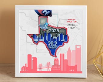 Personalized Houston Marathon Medal Display Frame, Finisher Gift, Skyline (G: Marathon, Half Marathon, 5K)