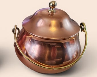 Vintage mini koperen en messing ketel – Decoratieve pot met deksel – Gestempeld L. Lecellier Villedieu – Rustieke chique decoratie