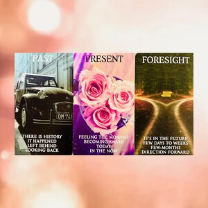 May include: Three rectangular cards with the words "Past", "Present", and "Foresight" at the top. The "Past" card shows a vintage car. The "Present" card has pink roses. The "Foresight" card shows a path.