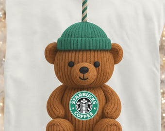 Christmas Bearista PNG, Faux Yarn Crochet Teddy, Vintage Coffee Cup (Digital Download)