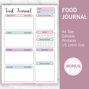 Diario de comidas, diario de comidas imprimible, planificador de comidas diario, diario de comidas, registro de comidas, registro de calorías, carta de EE. UU.