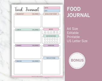 Daily Food Journal: Meal Planner, Calorie Tracker (Printable & Editable PDF)