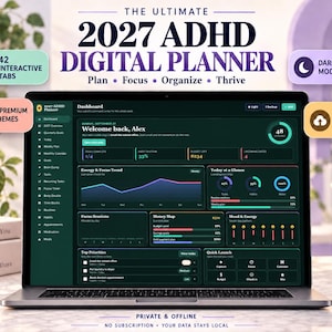 Może przedstawiać: Ekran laptopa wyświetlający pulpit cyfrowego planera ADHD 2027 w trybie ciemnym, z sekcjami dotyczącymi trendów energetycznych, sesji skupienia, budżetu i codziennych zadań. Układ zawiera 42 interaktywne karty, trzy motywy oraz opcje tworzenia kopii.