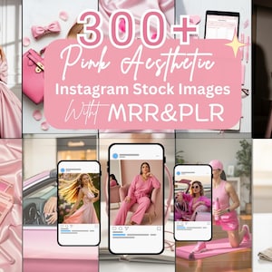 May include: A collage of pink aesthetic images, including a woman in a pink gown, a pink purse, a makeup palette, and a smoothie. The text overlay reads "300+ Pink Aesthetic Instagram Stock Images With MRR&PLR."