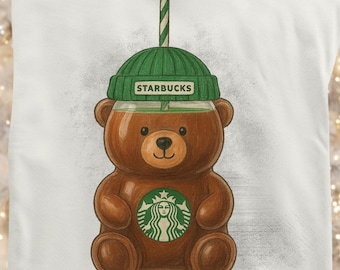 Starbucks Inspired Bear Png, Vintage bear png, Bearista Coffee, Hand Drawn Holiday Clipart, Retro Christmas Digital Download