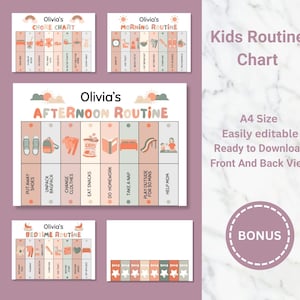 May include: A set of printable kids' routine charts in soft pastel colors. The charts include chore, morning, afternoon, and bedtime routines, with illustrations and text. The text includes "Olivia's" and "Kids Routine Chart".