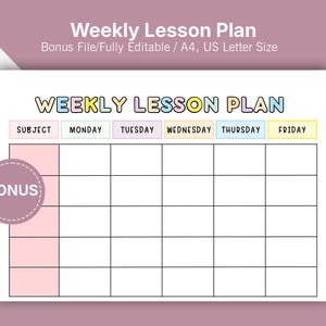 Op de afbeelding: Een witte wekelijkse lesplanningssjabloon met kleurrijke koppen en een raster voor planning. De titel "WEEKLY LESSON PLAN" staat bovenaan, met de dagen van de week over de bovenste rij. Een roze cirkel met het woord "BONUS" staat linksonder.